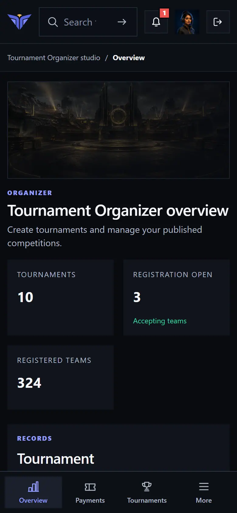 Mobile organizer dashboard - Tier Tourney screenshot