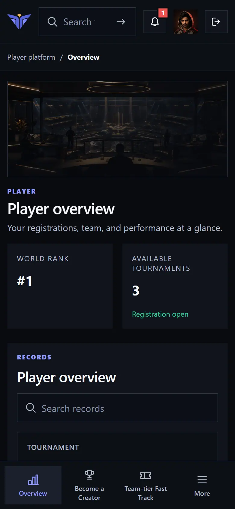 Mobile player dashboard - Tier Tourney screenshot