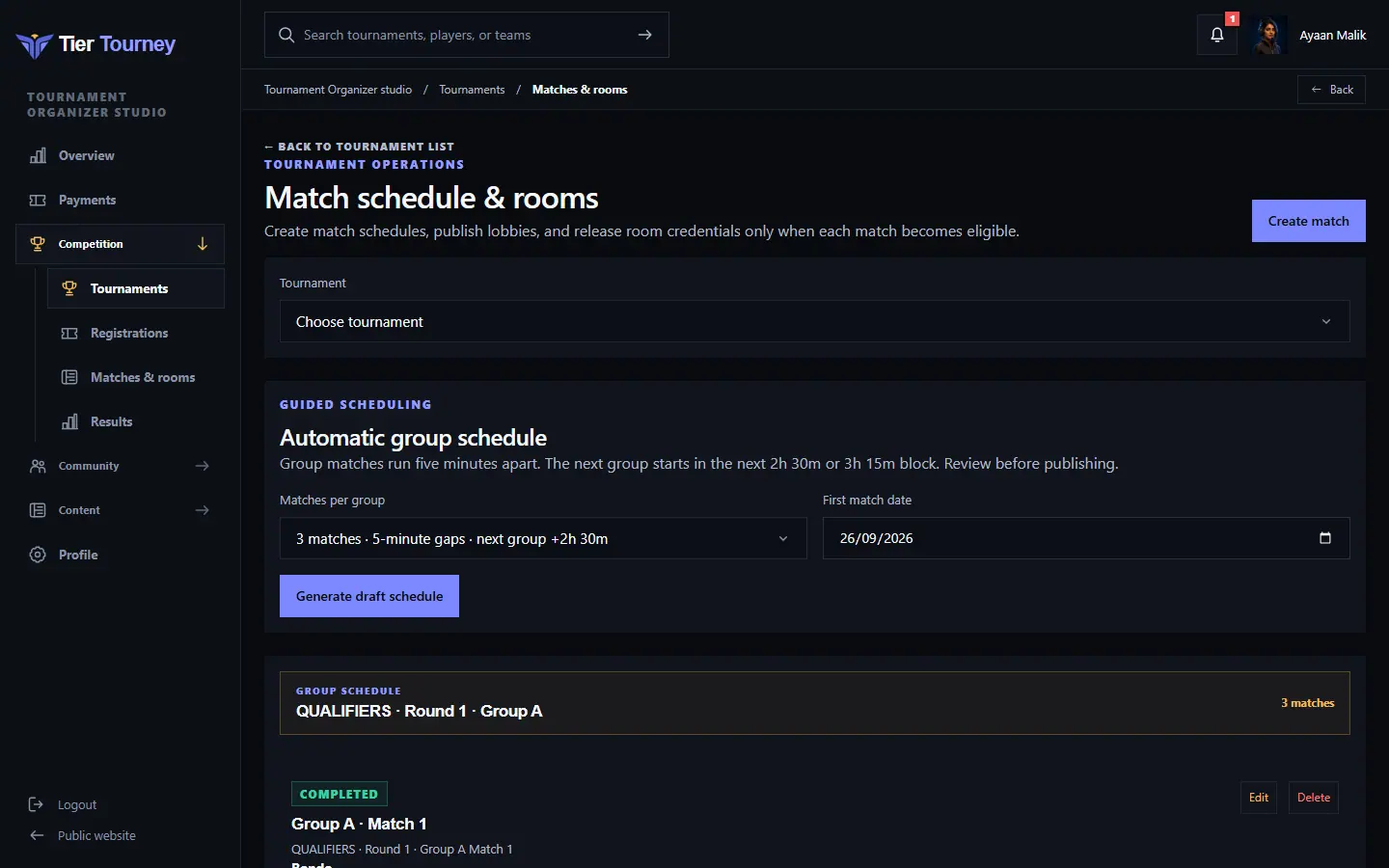 Match schedule and rooms - Tier Tourney screenshot