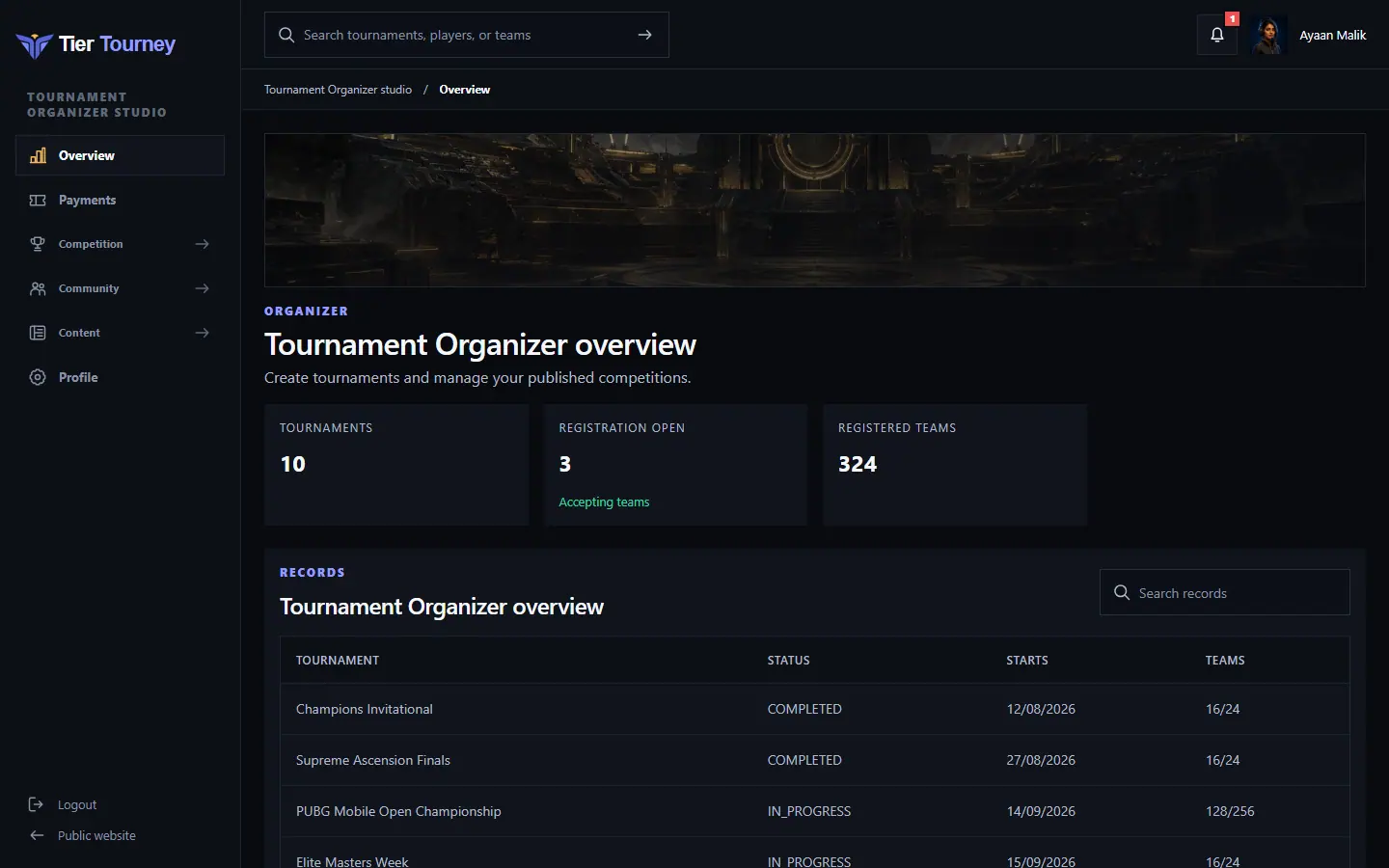 Tournament Organizer overview - Tier Tourney screenshot