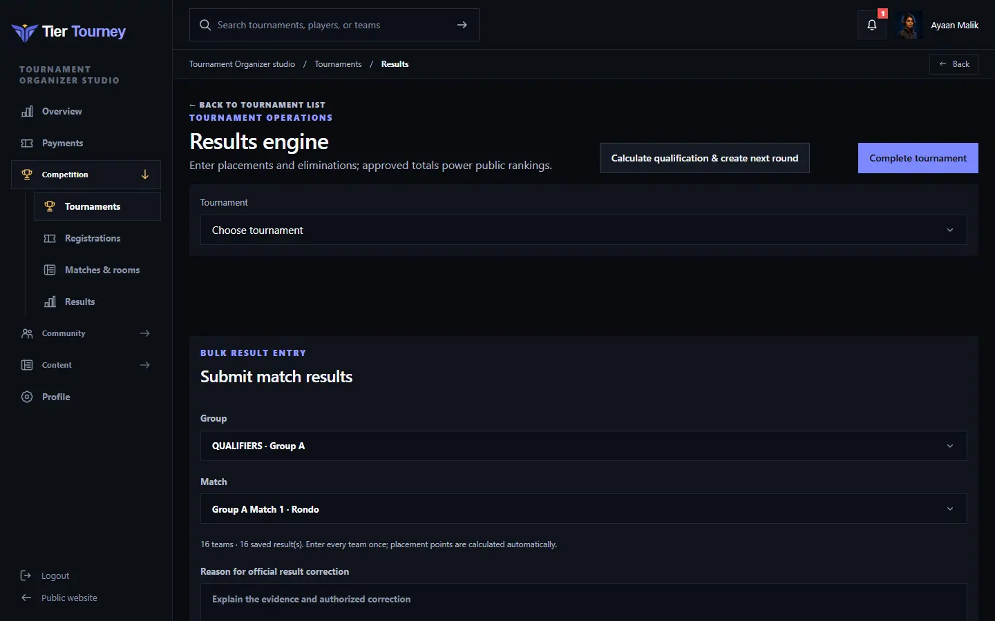 Results engine - Tier Tourney screenshot