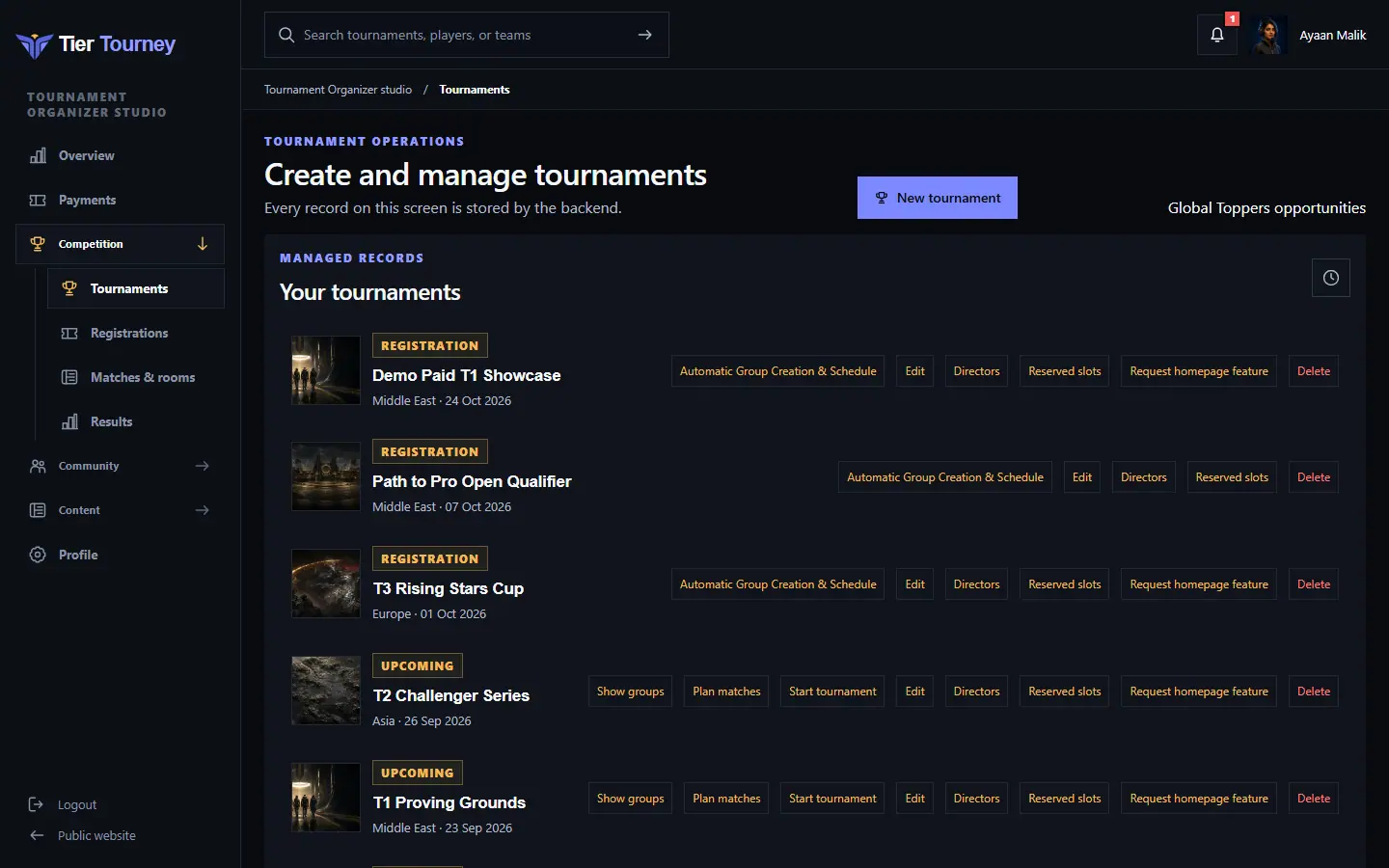 Managed tournaments - Tier Tourney screenshot