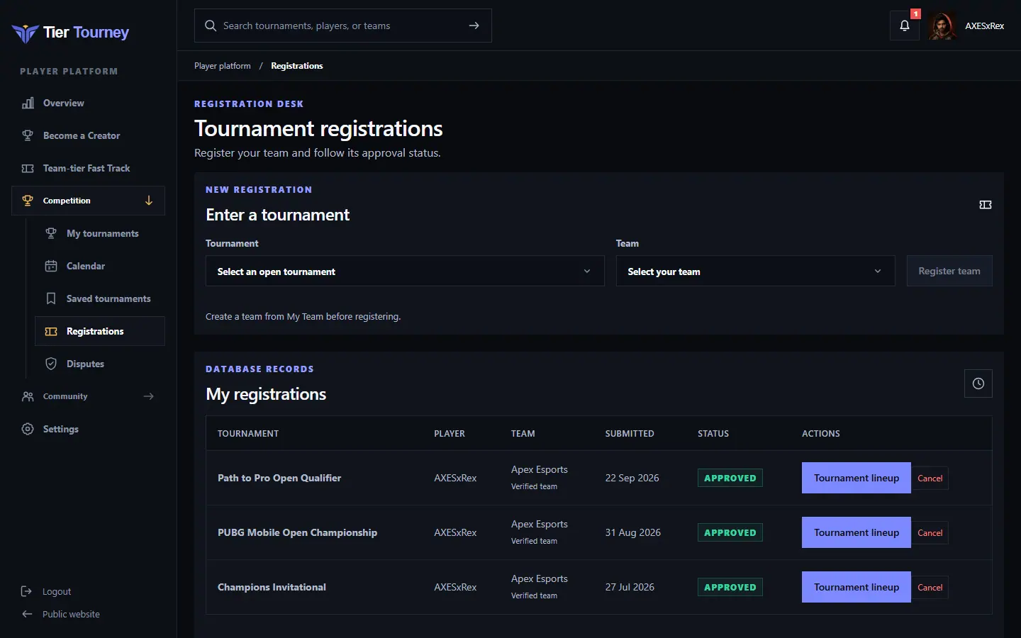 Tournament registrations - Tier Tourney screenshot