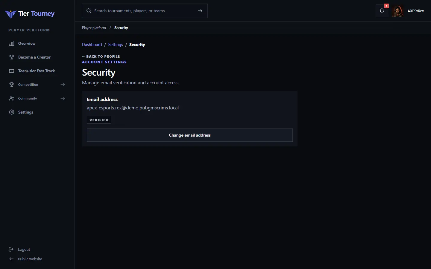 Security settings - Tier Tourney screenshot