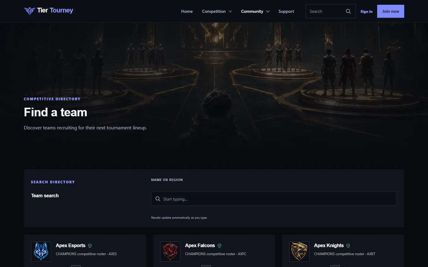 Team directory - Tier Tourney screenshot